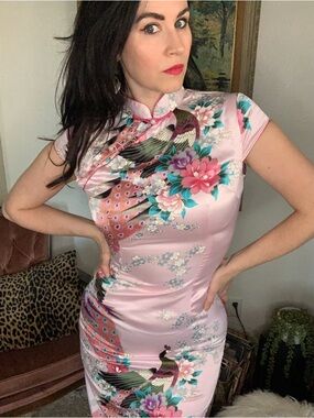 Pink Satin Cheongsam Dress with Teal and Purple Peacock Motif